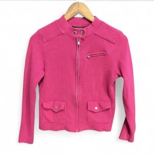 Lauren Ralph Lauren Moto Sweater Pink Knit Full Zip Mock Neck Cotton Medium